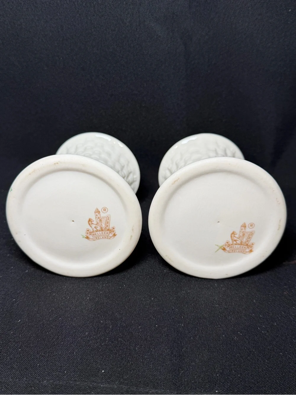 Belleek Ireland Shamrock Porcelain Taper Candle Holders Pair White/Green Gold
